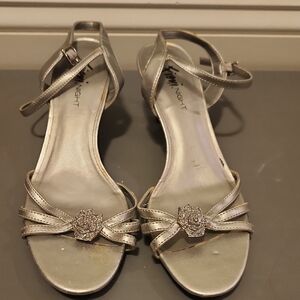 Evening Metallic Silver Strappy Sandals with Floral Accent